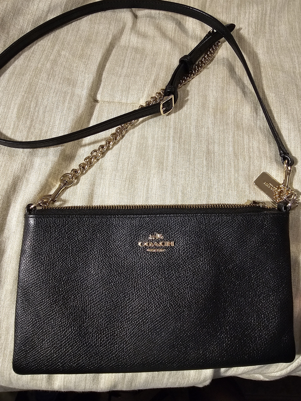 Coach Black Leather Crossbody with Gold Chain Accent